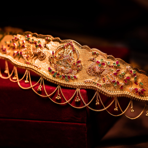 Traditional bridal headpiece resting on a velvet box